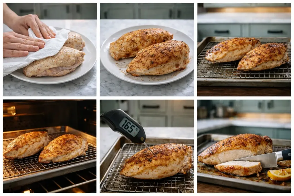 collage: pat dry, season skin, roast on rack, thermometer check, rest, slice