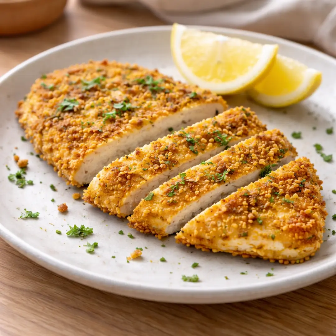 Crispy Oven Chicken Cutlets (Thin-Sliced, 18 Minutes) Crispy oven chicken cutlets crispy baked chicken cutlet sliced to show juicy center