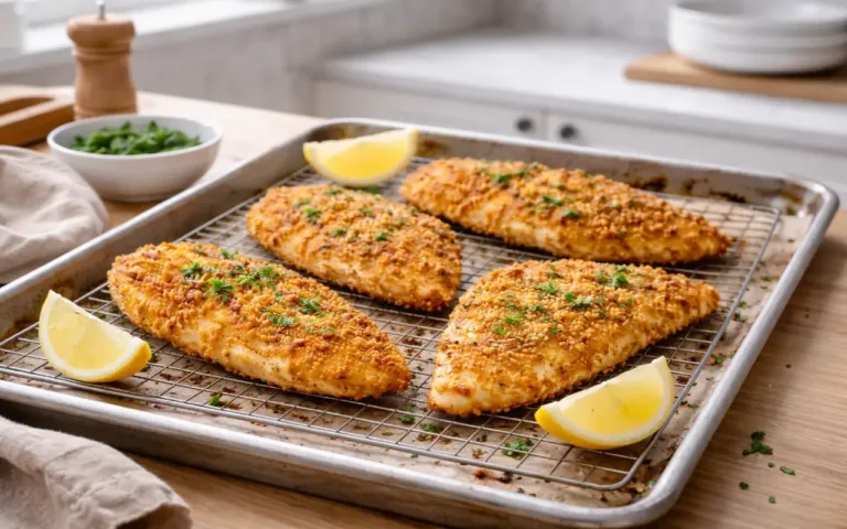 thin sliced chicken breast recipes: crispy oven chicken cutlets on tray