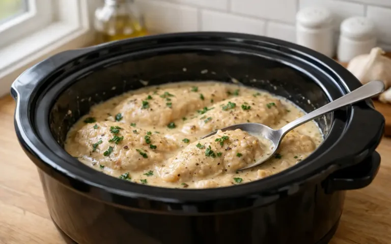 crockpot chicken breast recipes: creamy garlic chicken in slow cooker