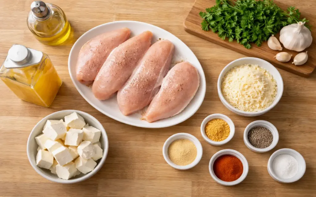 Crockpot Chicken Breast (Creamy Garlic Method, Dump-and-Go) crockpot chicken breast garlic, broth, cream cheese, and chicken breast prepped for crockpot