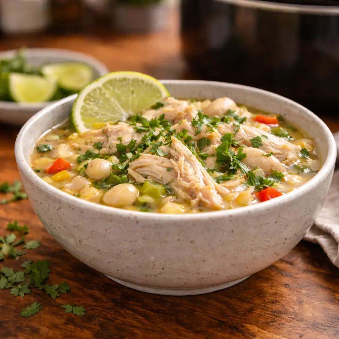 Healthy Crockpot Chicken: 9 Family Dinners + 1 Dump-and-Go Favorite Healthy crockpot chicken bowl of white chicken chili with shredded chicken and beans, topped with cilantro