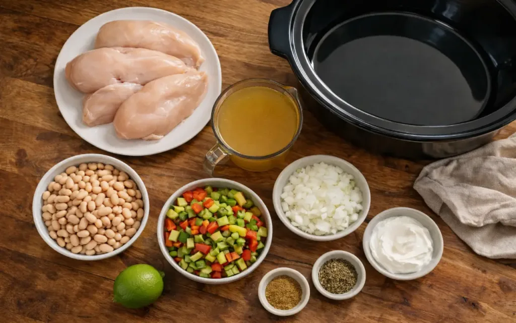 Healthy Crockpot Chicken: 9 Family Dinners + 1 Dump-and-Go Favorite Healthy crockpot chicken beans, broth, chicken, peppers, onion, spices, and yogurt staged for chili