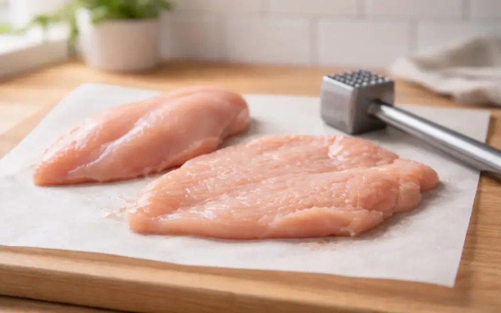 Juicy Oven-Baked Chicken Breast (Not Dry, Simple Method) baked chicken breast recipes oven chicken breast pounded to even thickness on parchment