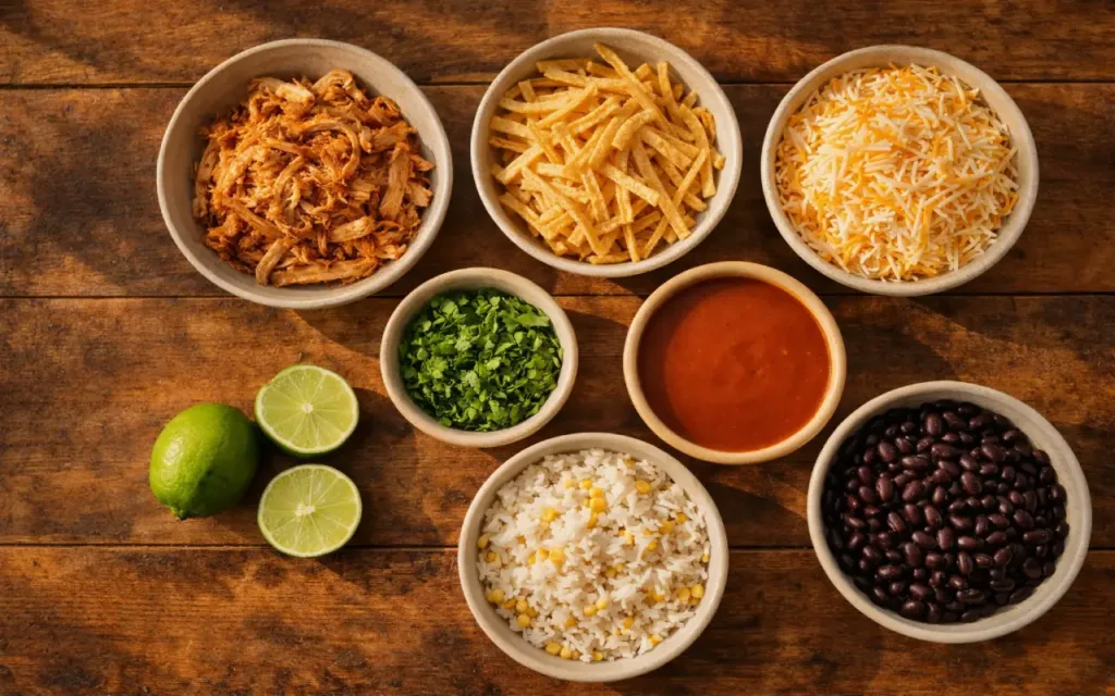 Leftover Shredded Chicken: 21 Fast Dinners That Don’t Taste Like Leftovers leftover shredded chicken recipes shredded chicken with tortillas, salsa, cheese, beans, and rice on counter