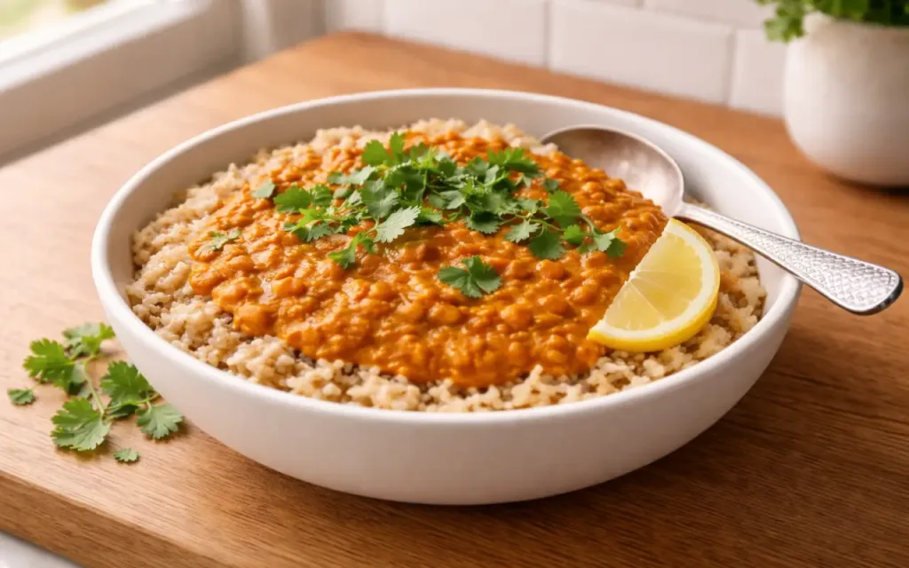 Creamy One-Pot Vegetarian Lentil Curry (Weeknight-Friendly) Healthy Dinner Recipes Vegetarian One-pot lentil curry served over rice with cilantro