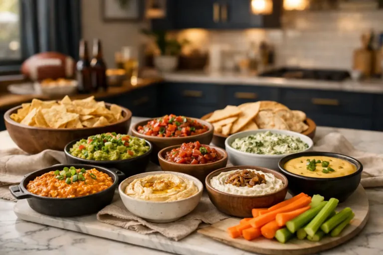 Super Bowl Dip spread with 11 bowls of game-day dips on a kitchen island