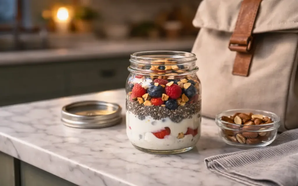 Greek yogurt protein snack jar with berries and almonds, ready to pack