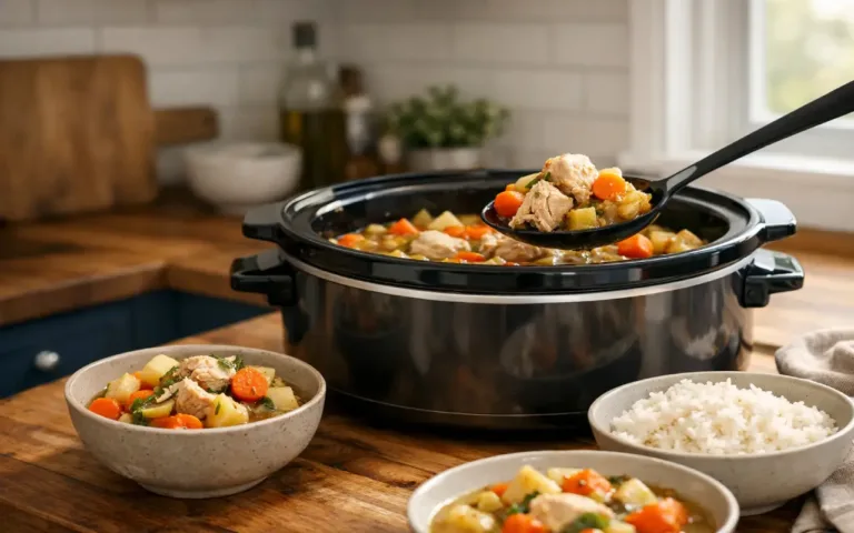 healthy crockpot chicken recipes : slow cooker chicken with vegetables, served family-style