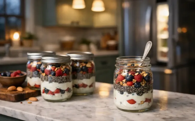 high protein snacks: Greek yogurt snack jars lined up in the fridge