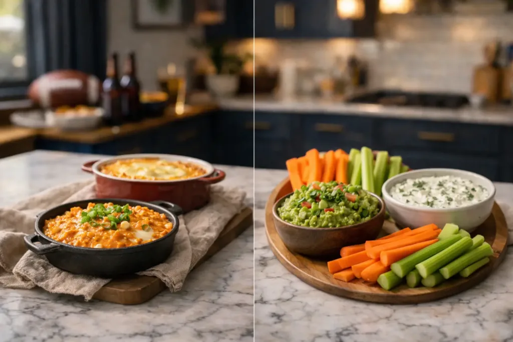 11 Game-Day Dips (Make-Ahead + Crowd-Friendly Picks) game-day dips hot dips in small casserole dishes next to cold dips with veggie dippers