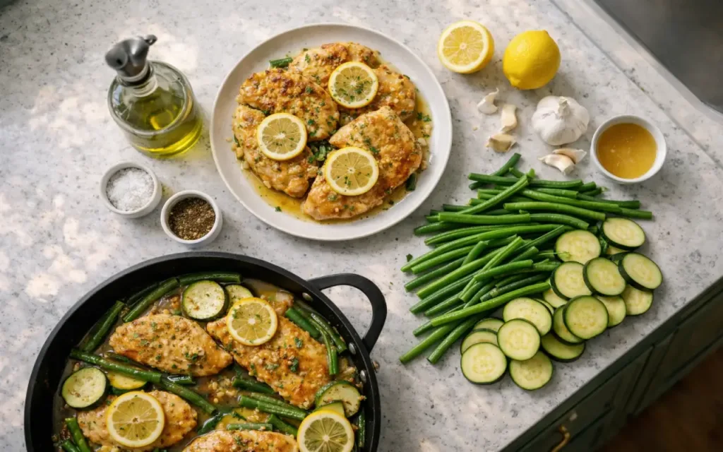 25-Minute Lemon Garlic Chicken Skillet (Healthy, One-Pan) Lemon Garlic Chicken Skillet chicken cutlets, lemon, garlic, green beans, zucchini, and broth on counter