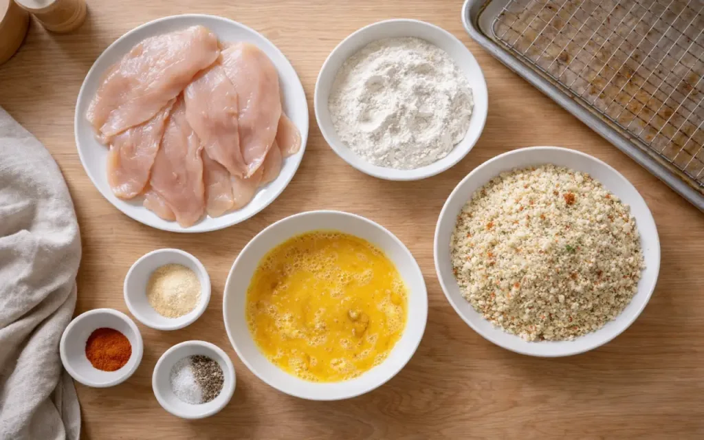 Crispy Oven Chicken Cutlets (Thin-Sliced, 18 Minutes) Crispy oven chicken cutlets thin chicken cutlets, panko, eggs, flour, parmesan, spices on counter