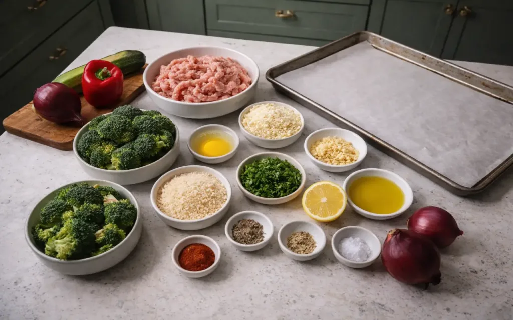 Ingredients for sheet pan turkey meatballs with roasted veggies