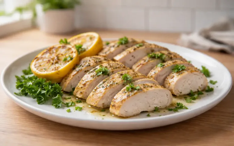 baked chicken breast recipes oven on plate with lemon and herbs
