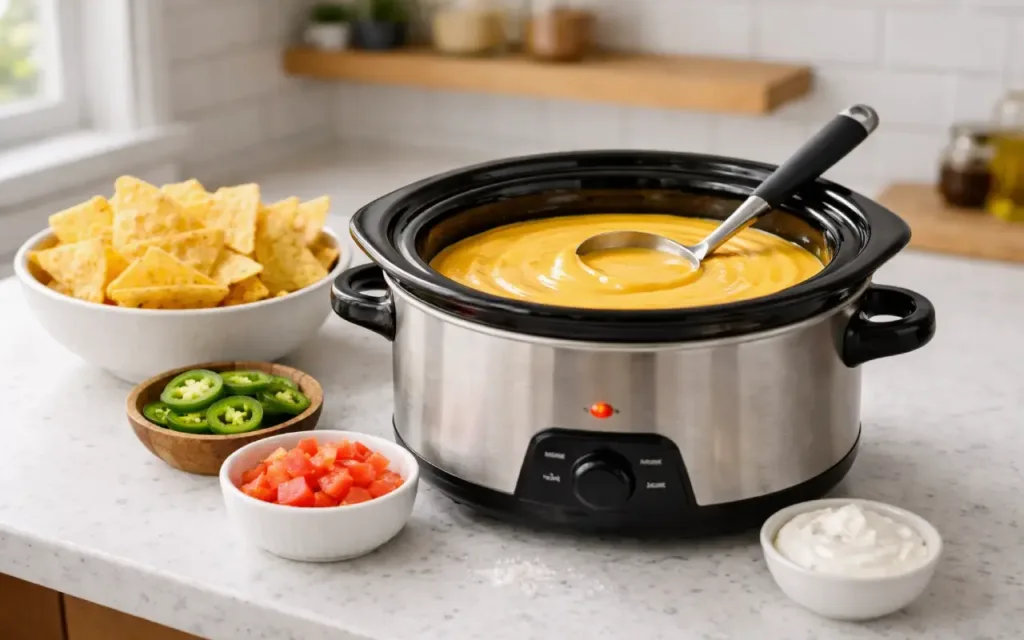 Nacho cheese dip kept warm in a small slow cooker with chips nearby