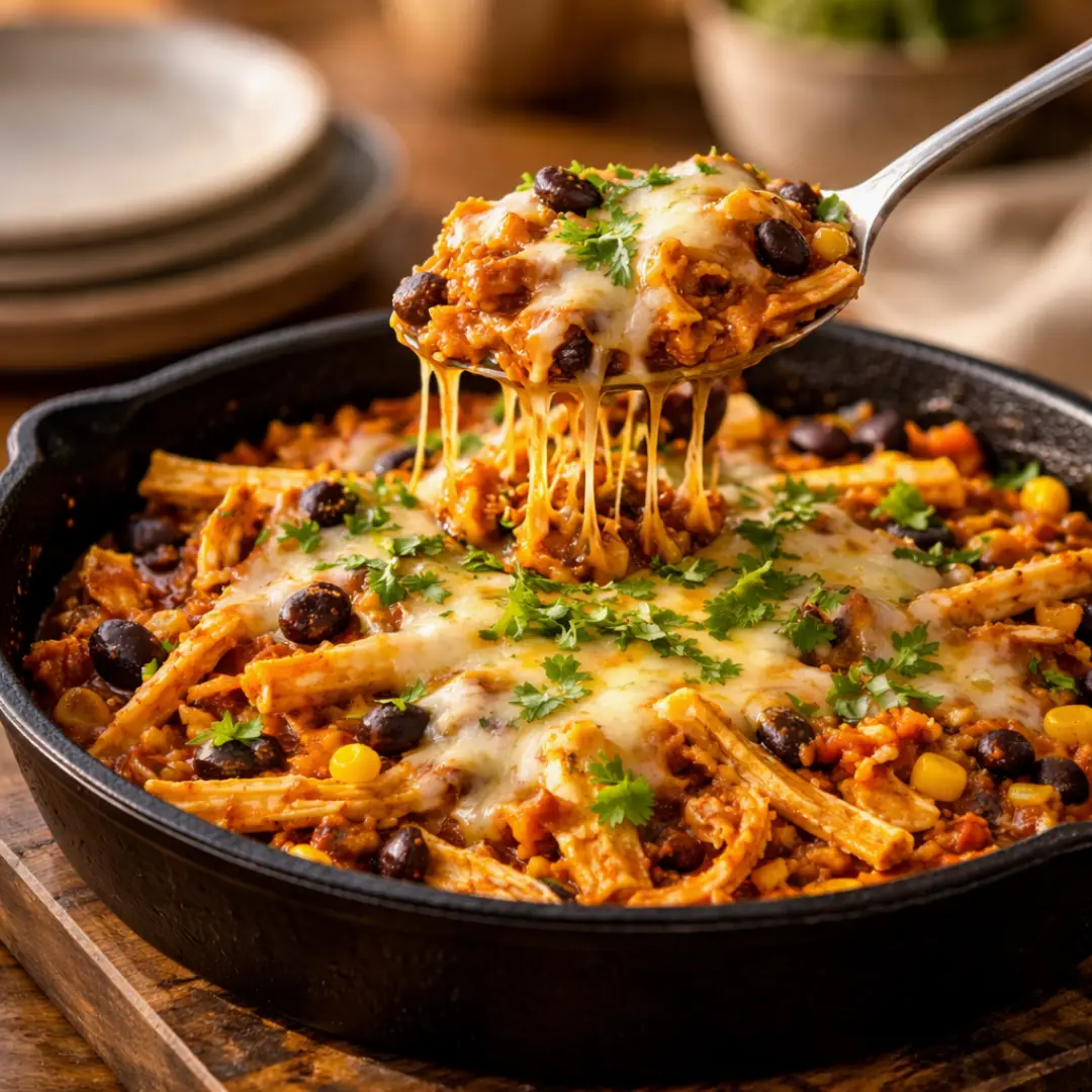 Leftover Shredded Chicken: 21 Fast Dinners That Don’t Taste Like Leftovers leftover shredded chicken recipes cheesy chicken enchilada skillet in a pan, ready to serve