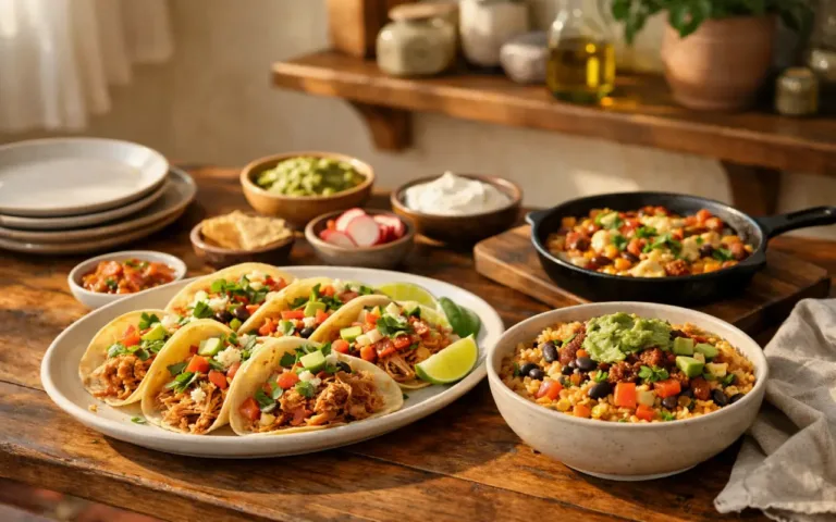leftover shredded chicken recipes: tacos, bowls, and skillet dinners on table