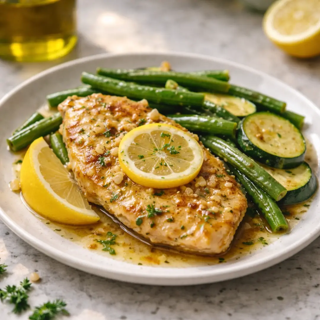 25-Minute Lemon Garlic Chicken Skillet (Healthy, One-Pan) Lemon Garlic Chicken Skillet lemon garlic chicken skillet served with veggies on a ceramic plate