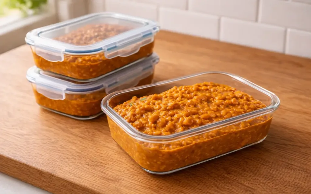 Creamy One-Pot Vegetarian Lentil Curry (Weeknight-Friendly) Healthy Dinner Recipes Vegetarian Lentil curry in meal prep containers ready for the fridge