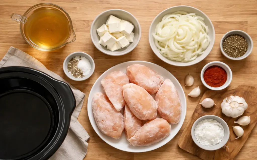 Frozen Chicken in the Crockpot (Safe Timing + Creamy Garlic Option) Frozen Chicken Crockpot broth, garlic, onion, spices, and separated frozen chicken staged for crockpot