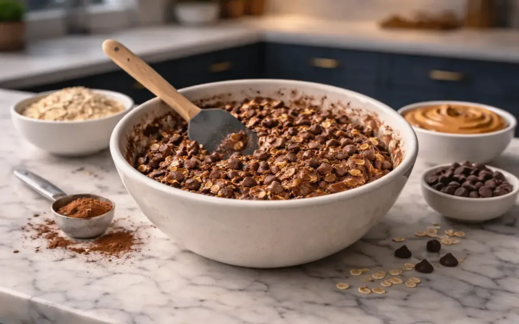 chocolate peanut butter oat mixture in a bowl with a spatula