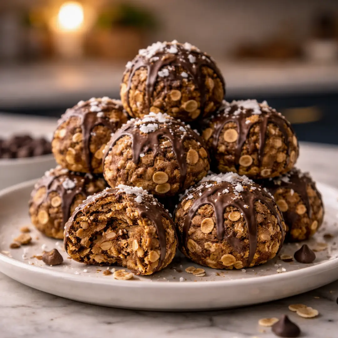 no-bake chocolate peanut butter bites stacked with cocoa dusting