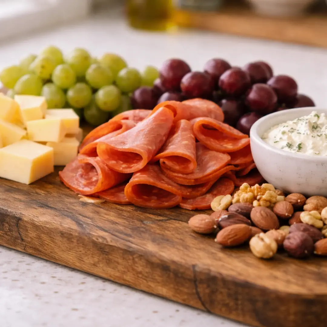 no-pork charcuterie board with turkey pepperoni, cheeses, fruit, and dips