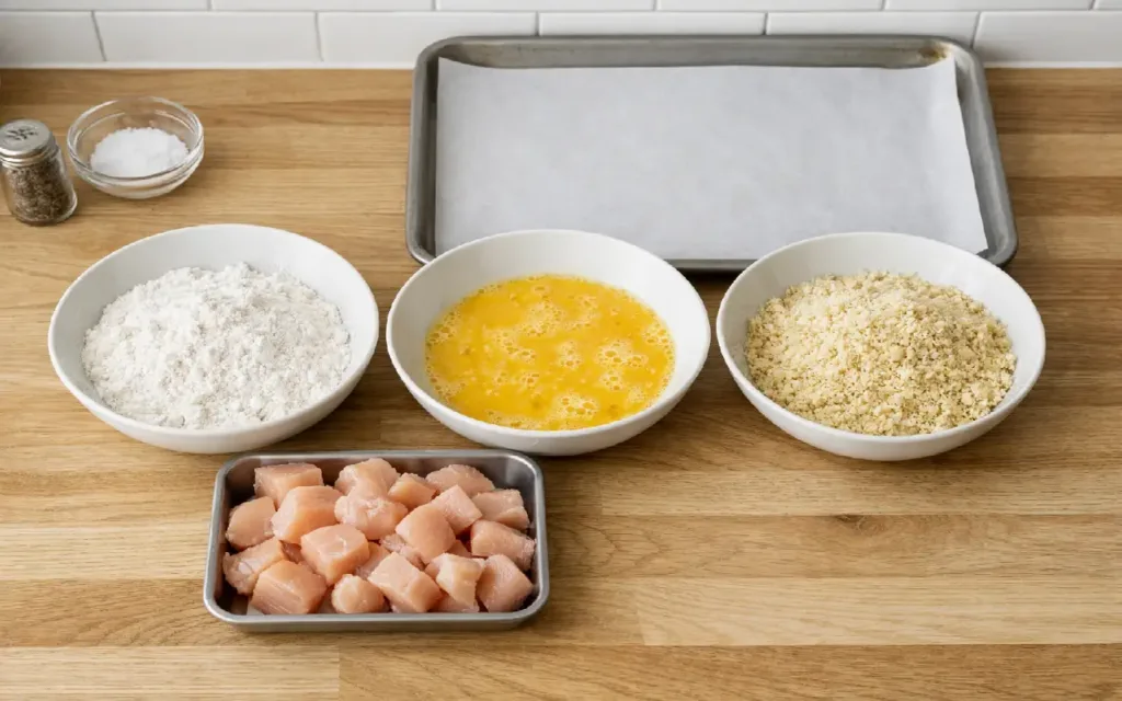 Kid-Approved Chicken Nugget Bites (Oven-Baked, Crispy) easy dinner ideas for kids breading station with chicken pieces, egg wash, and seasoned crumbs