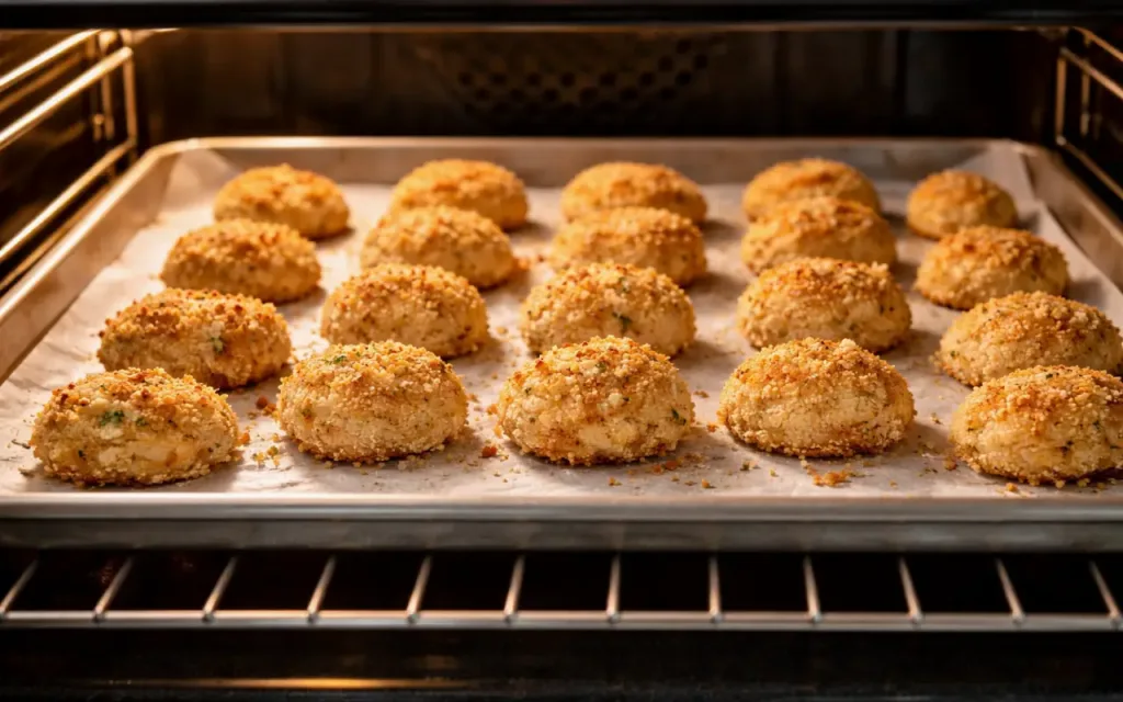 Kid-Approved Chicken Nugget Bites (Oven-Baked, Crispy) easy dinner ideas for kids chicken nugget bites baking on a sheet pan lined with parchment
