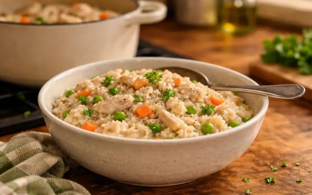 Creamy One-Pot Chicken & Rice (Family Comfort Dinner) easy dinner recipes creamy chicken and rice served in a bowl with herbs