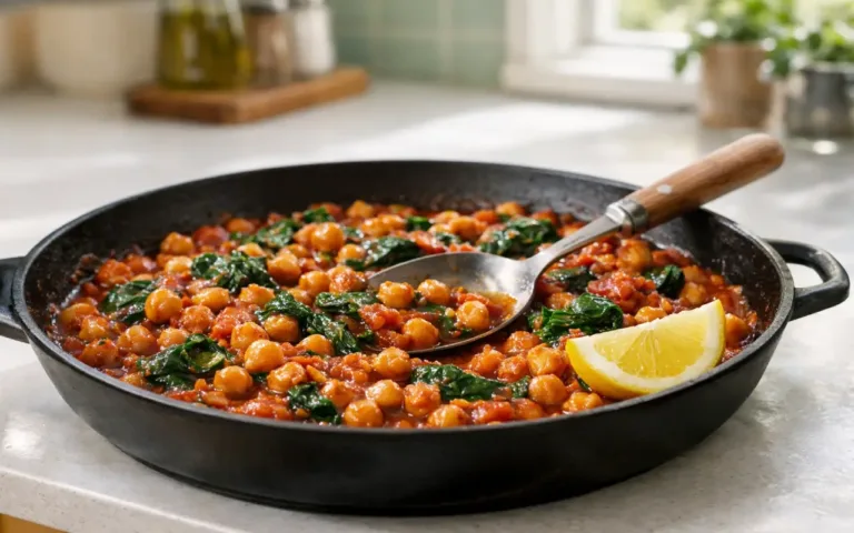Quick And Easy Dinner Recipes Vegetarian : one-pan chickpea spinach skillet