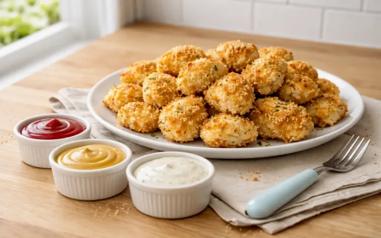 easy dinner ideas for kids: oven-baked chicken nugget bites on a plateeasy dinner ideas for kids: oven-baked chicken nugget bites on a plate