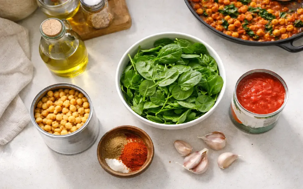 20-Minute One-Pan Chickpea & Spinach Skillet (Healthy) one-pan chickpea chickpeas, spinach, garlic, and crushed tomatoes staged on a counter