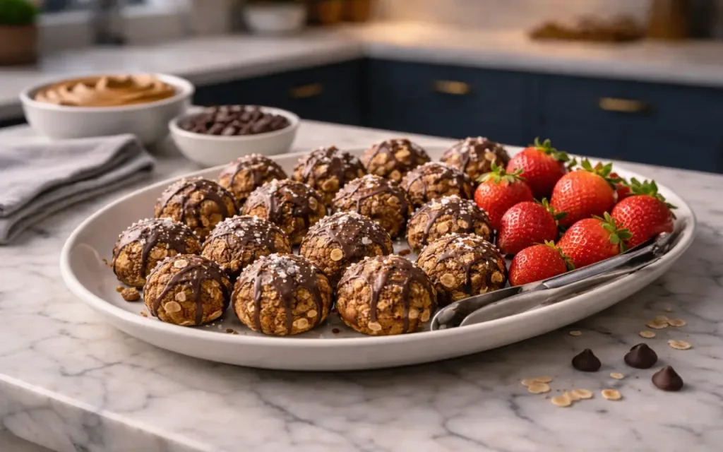 no-bake chocolate peanut butter bites served with berries on a platter