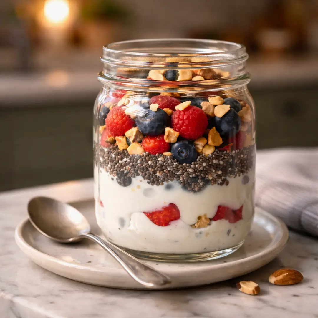 Greek yogurt snack jar with berries and chia on marble counter