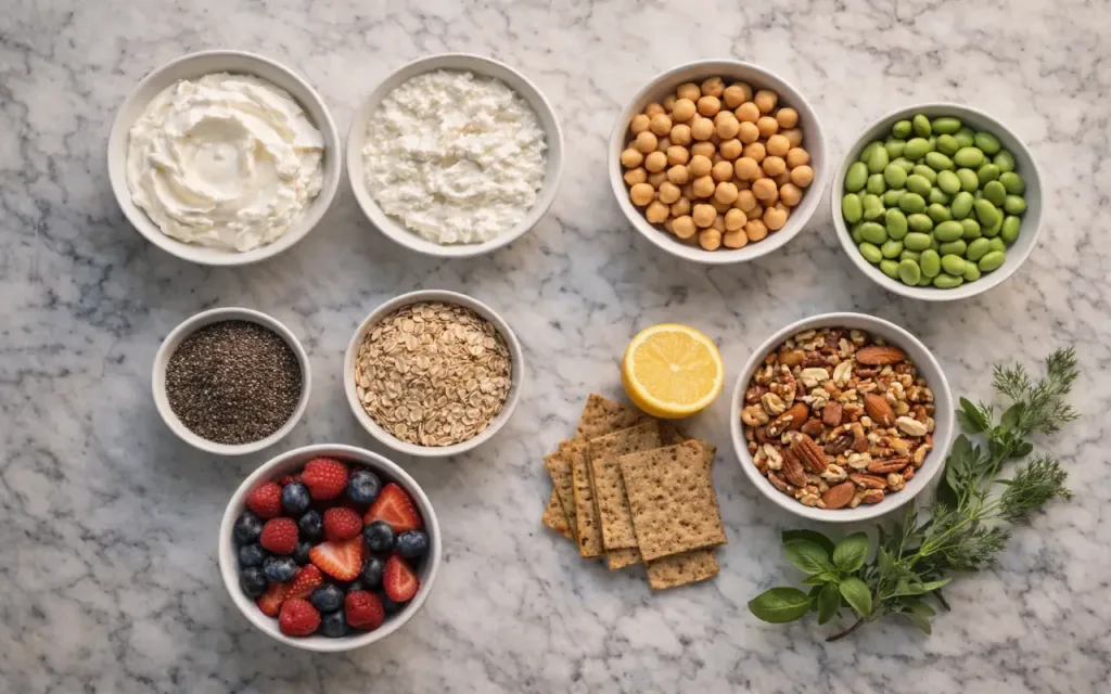 snack formula ingredients grouped: protein, fiber add-in, crunch, and flavor