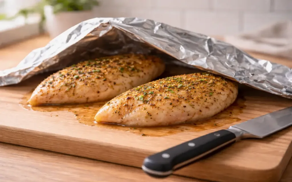 Juicy Oven-Baked Chicken Breast (Not Dry, Simple Method) baked chicken breast recipes oven rested chicken breast on cutting board ready to slice