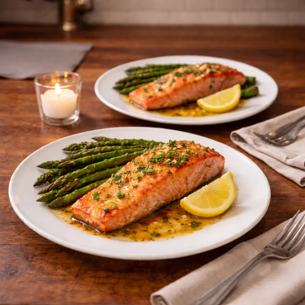 Sheet Pan Garlic Butter Salmon + Asparagus (Date-Night, 25 Minutes) Valentines Dinner Ideas Sheet pan salmon plated with asparagus, lemon, and buttery pan juices