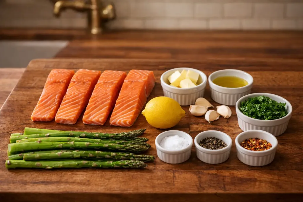 Sheet Pan Garlic Butter Salmon + Asparagus (Date-Night, 25 Minutes) Valentines Dinner Ideas Salmon, asparagus, lemon, garlic, butter, and herbs for sheet pan dinner
