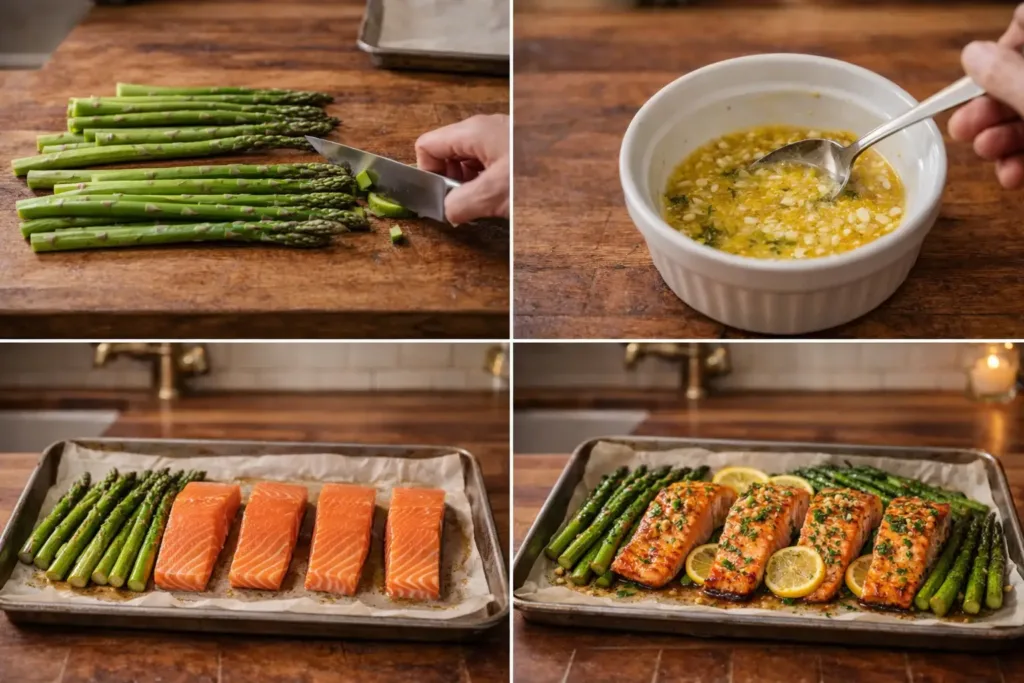 Sheet Pan Garlic Butter Salmon + Asparagus (Date-Night, 25 Minutes) Valentines Dinner Ideas Steps collage: asparagus prep, garlic butter, salmon on pan, finished tray