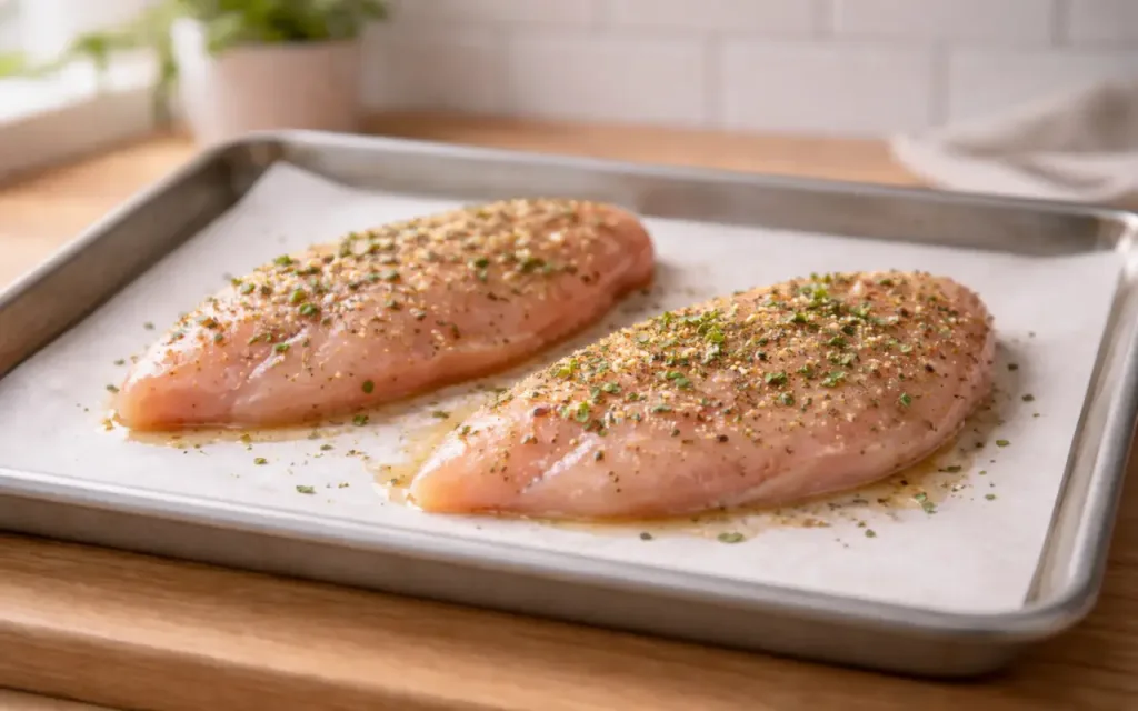 Juicy Oven-Baked Chicken Breast (Not Dry, Simple Method) baked chicken breast recipes oven seasoned chicken breasts spaced on parchment-lined sheet pa