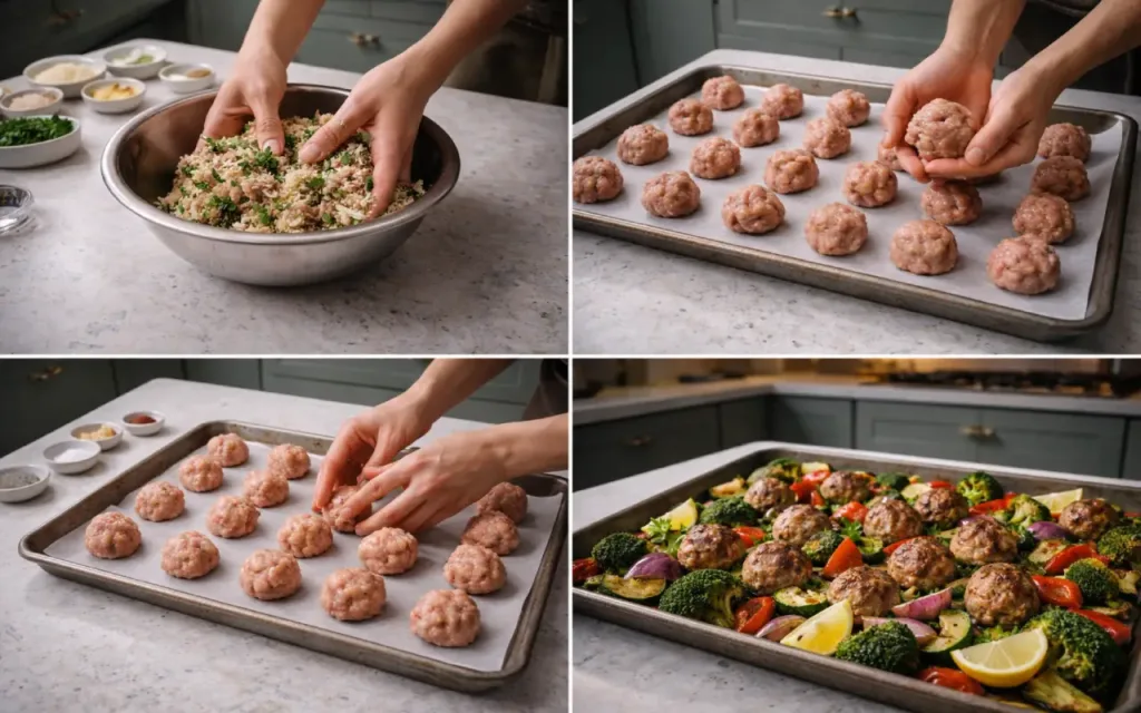 Steps for baking turkey meatballs on a sheet pan