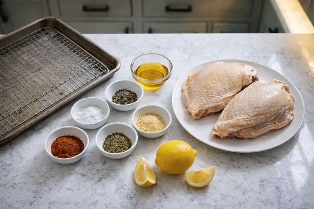 bone-in chicken breasts, olive oil, salt, pepper, garlic powder, paprika, lemon