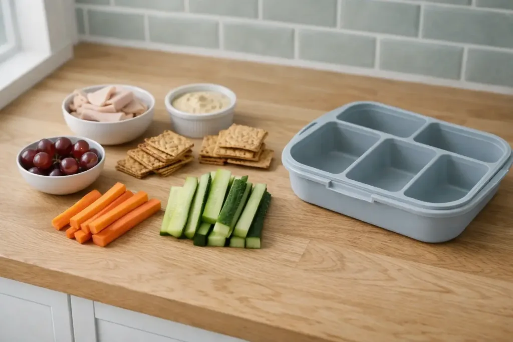 Turkey, hummus, crackers, grapes, and veggies arranged for packing