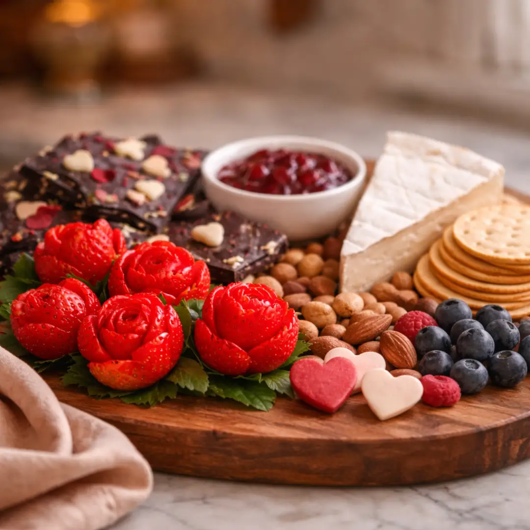 Valentine Charcuterie Board (Strawberry Roses + Chocolate) Valentines Charcuterie Board Valentine charcuterie board with strawberry roses, brie-style cheese, and chocolate