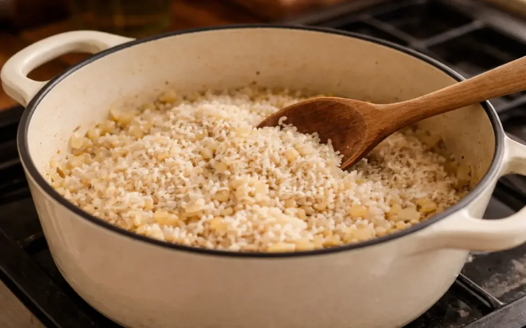 Creamy One-Pot Chicken & Rice (Family Comfort Dinner) easy dinner recipes uncooked rice stirred into the pot with onions and garlic