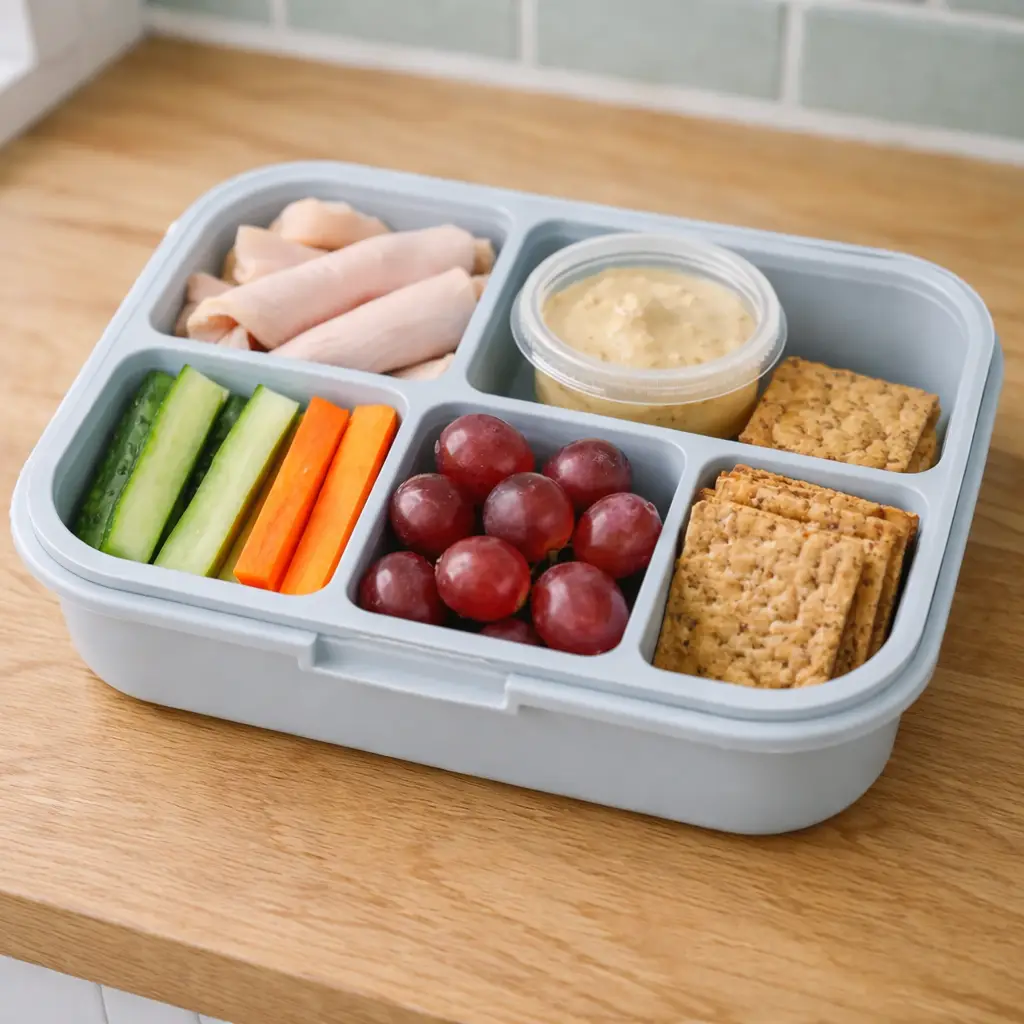 Turkey and hummus snack box with crackers, grapes, and veggies