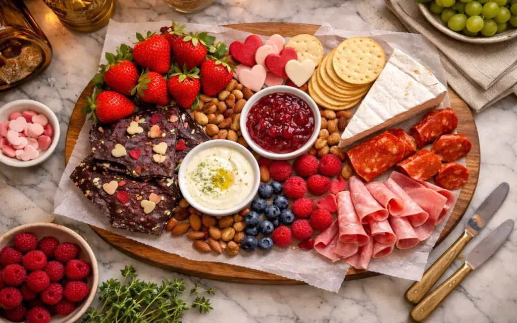 Valentine Charcuterie Board (Strawberry Roses + Chocolate) Valentines Charcuterie Board strawberries, brie-style cheese, crackers, chocolate, nuts, and turkey salami staged