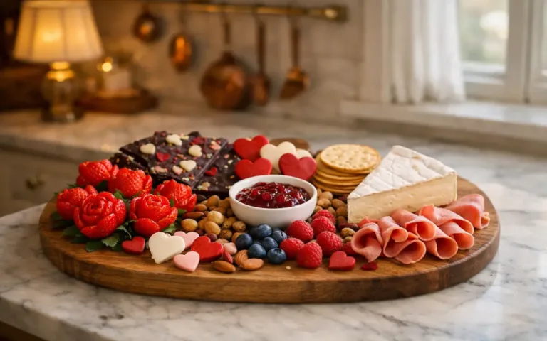 Valentines Charcuterie Board with strawberry roses, chocolate, cheese, and crackers